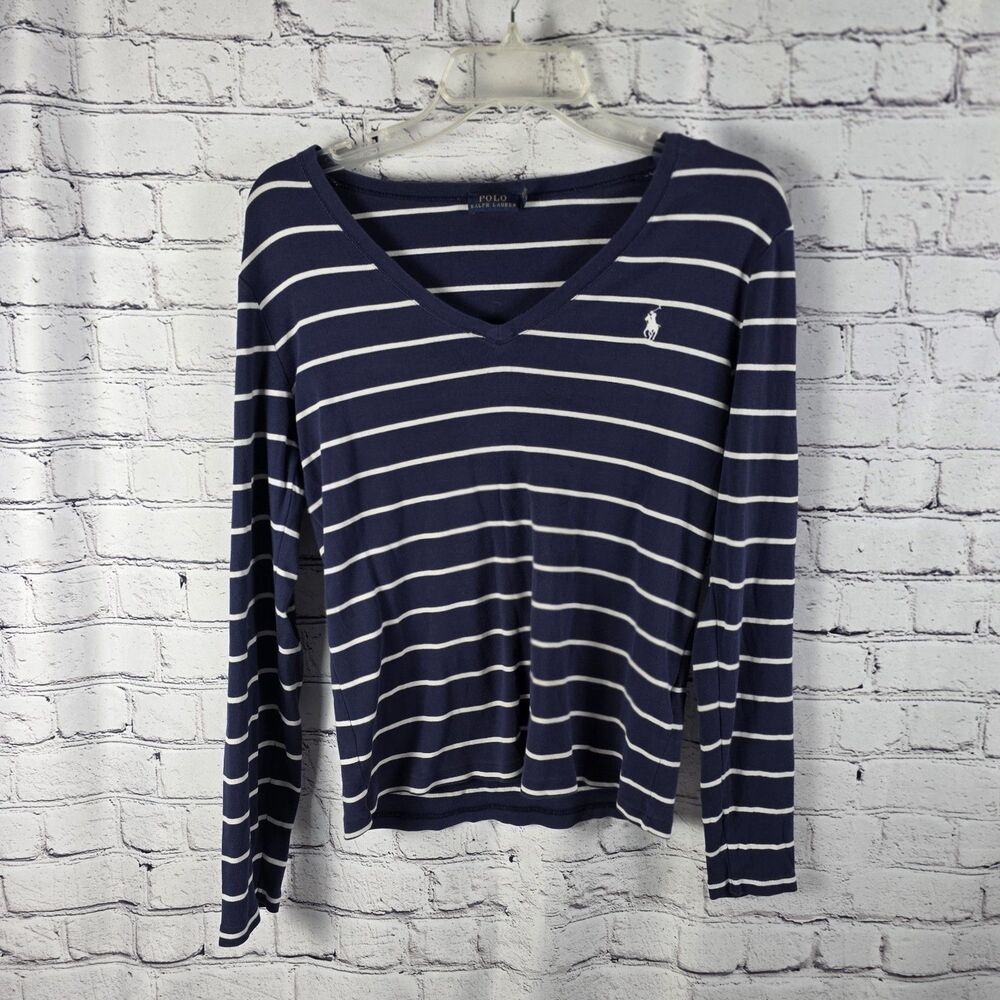 Polo Ralph Lauren Women’s L Navy- White Striped V Neck Long Sleeve T-shirt
